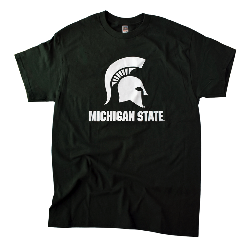 Forest green crewneck t-shirt. On the center chest is a large white Spartan helmet over white block lettering spelling "Michigan State" in all caps.