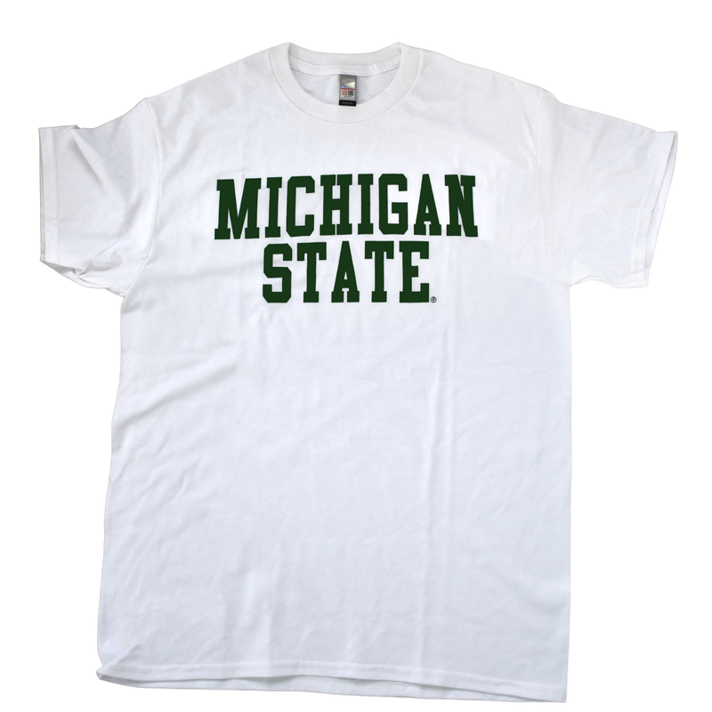 White crewneck T-shirt with dark green block letters spelling out "Michigan State" on stacked two lines.