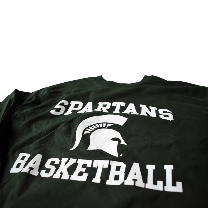 Close-up of the white Spartan Basketball and helmet printing on the forest green t-shirt.