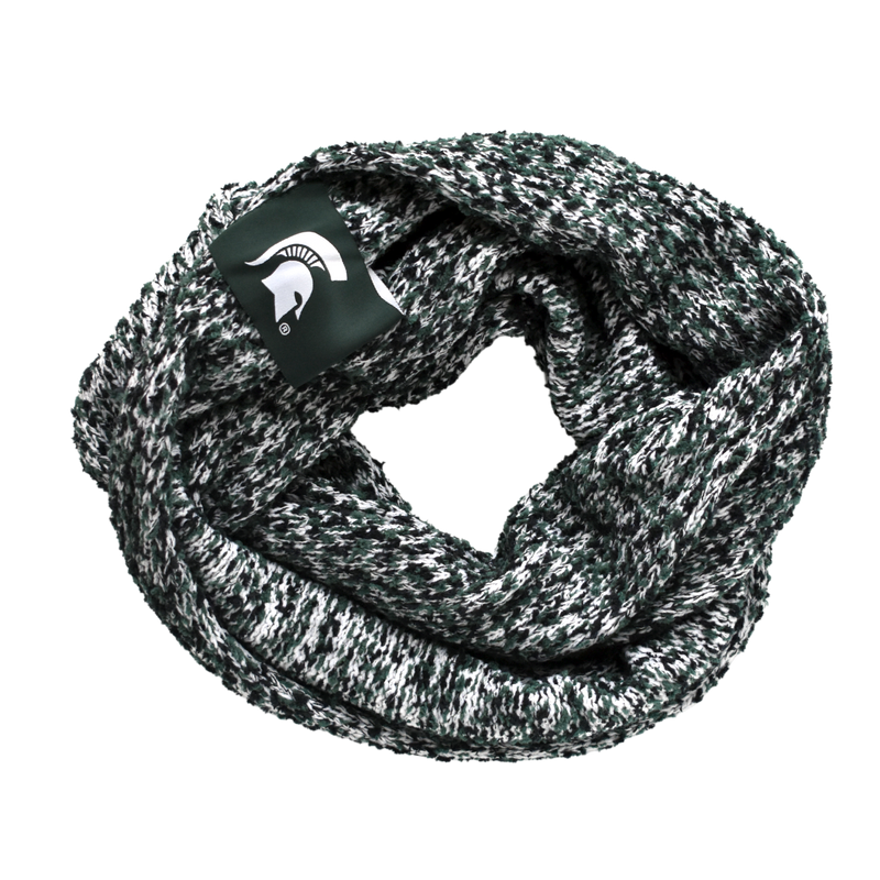 Knit infinity scarf with white, light green, and forest green, looped over itself twice. There is an attached forest green label that features a bold, white Spartan helmet.