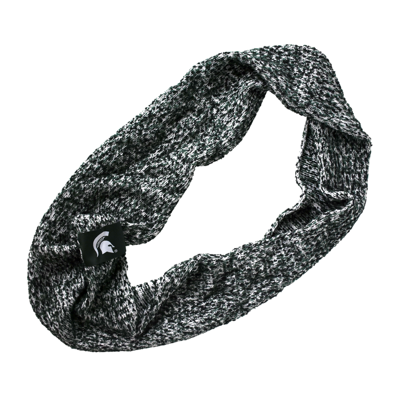 Knit infinity scarf with white, light green, and forest green, laid flat to show length. There is an attached forest green label that features a bold, white Spartan helmet.