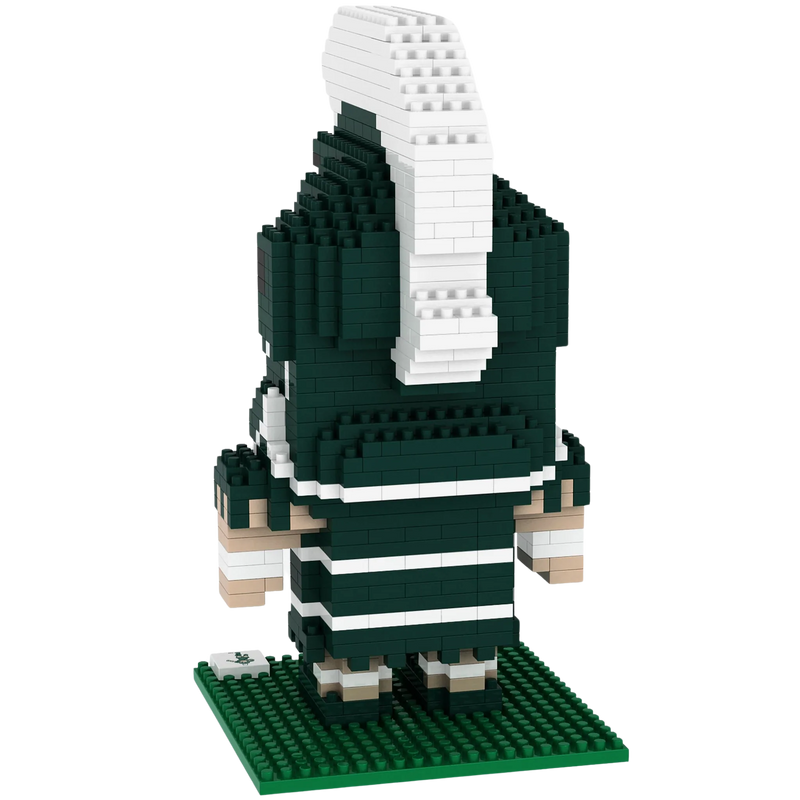 Back view of the assembled Sparty BRXLZ mascot. Like the real Sparty, the BRXLZ mascot is wearing a green outfit and helmet with white accents.
