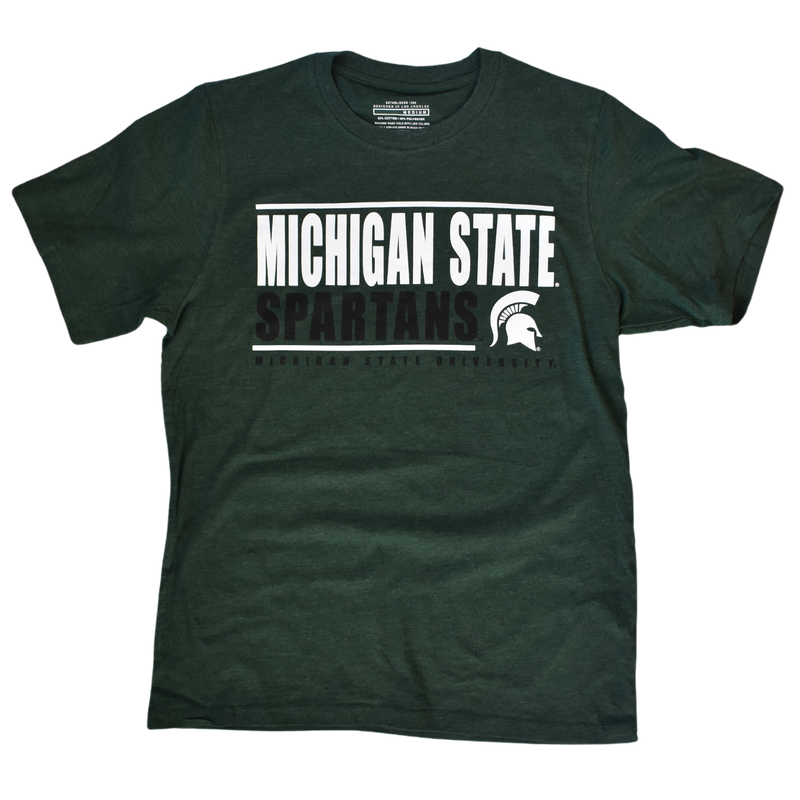 Dark heathered green short-sleeve t-shirt with black and white printing on the center chest. Two horizontal thin white lines contain block text reading Michigan State in white and Spartans in black. A white Spartan helmet shares the line with Spartans. Below the bottom white line, small black block text reads Michigan State University