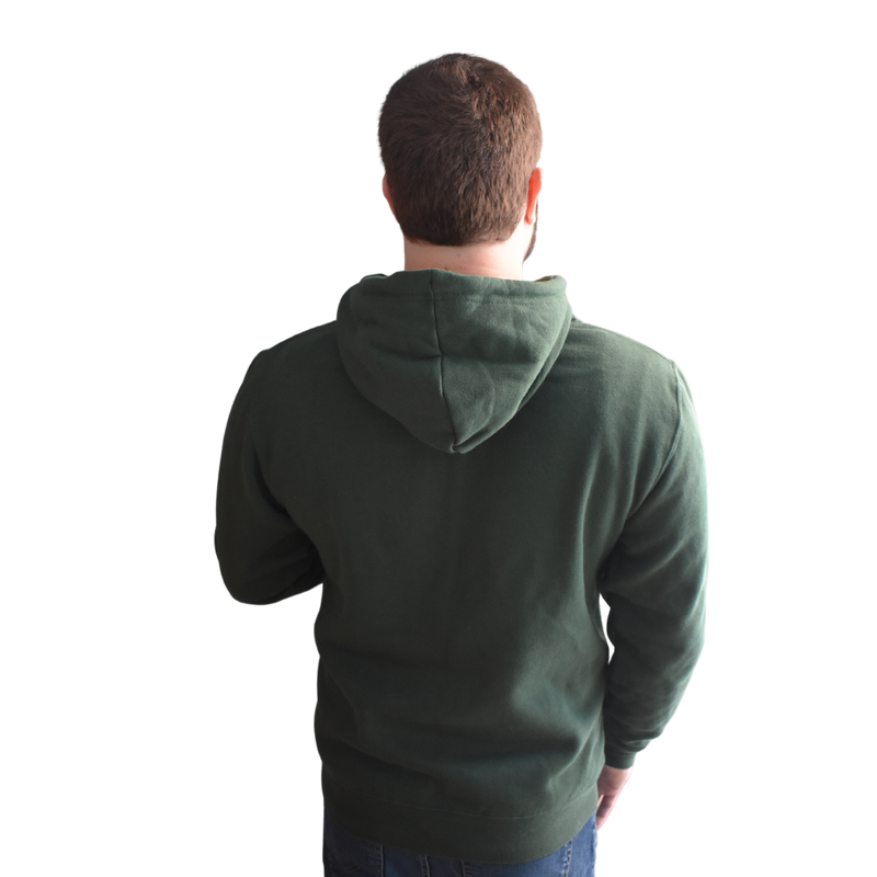 Back of a man wearing a dark green hoodie, with the hood down.