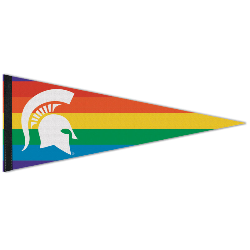 Red, orange, yellow, green, blue, and purple horizontally-striped pennant flag. On the tall end, a large white Spartan helmet is printed.