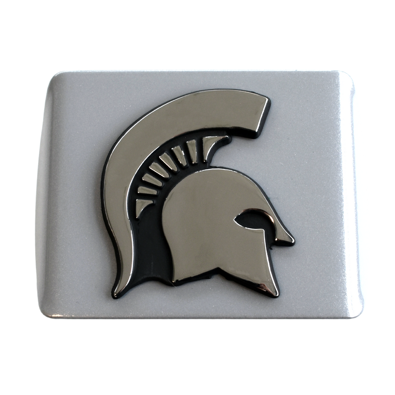 A 3D chrome Spartan helmet is affixed to a silver tow hitch cover, shown from a front view