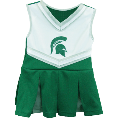 Tanktop dress styled like a Spartan cheerleader outfit. The white v-neck top transitions to a green pleated skirt. On the center chest is a green Spartan helmet