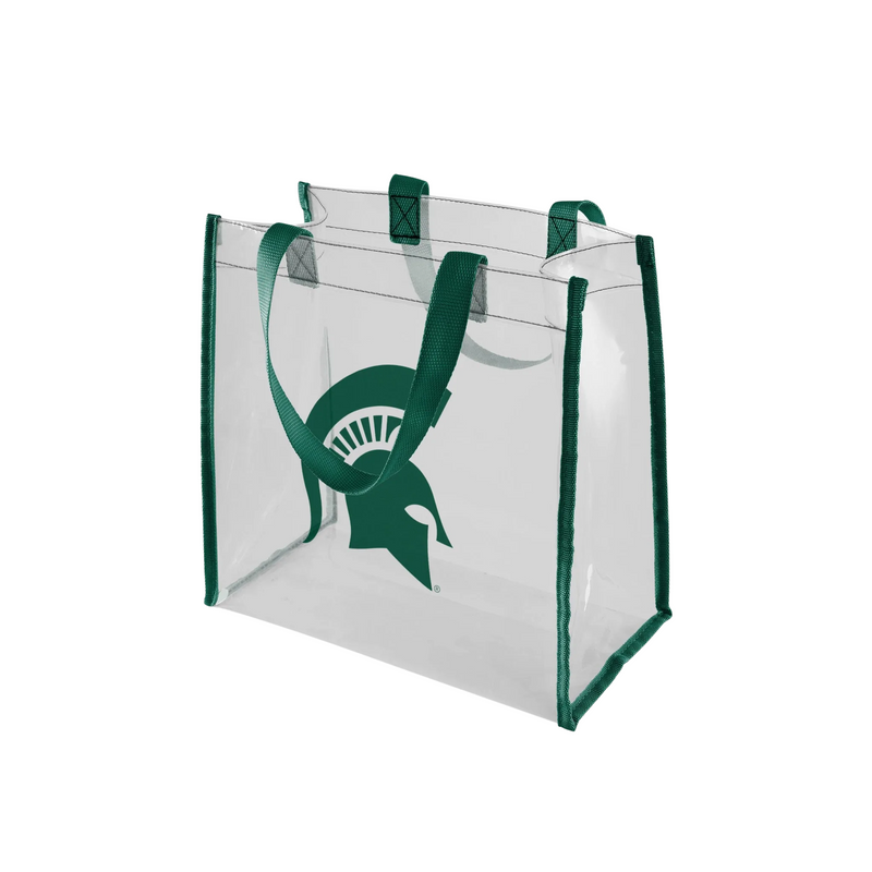 Three-quarter view of a clear tote bag with green fabric on the seams that match the handles, which are dangling. A green Spartan helmet is printed on the center of the front panel.