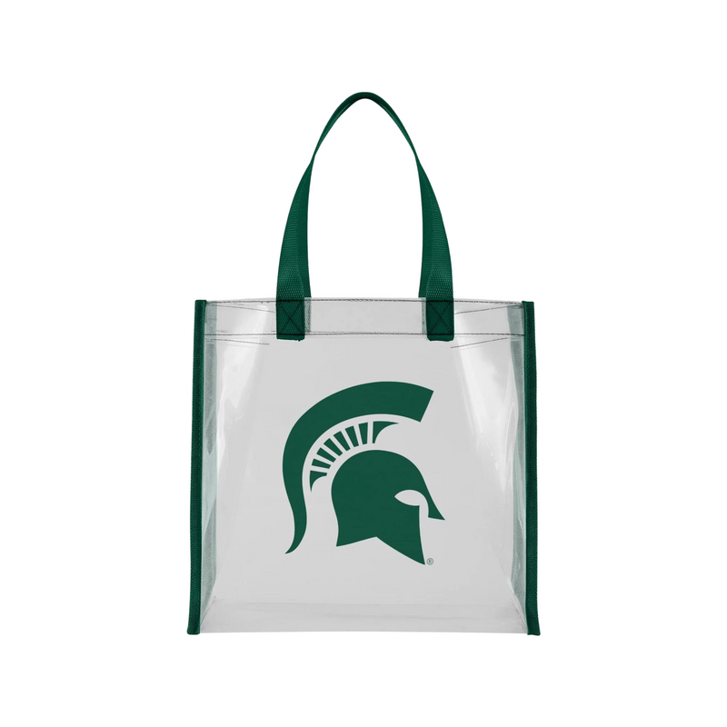 Front view of a clear tote bag with green fabric on the seams that match the upright handles. A green Spartan helmet is printed on the center of the front panel.