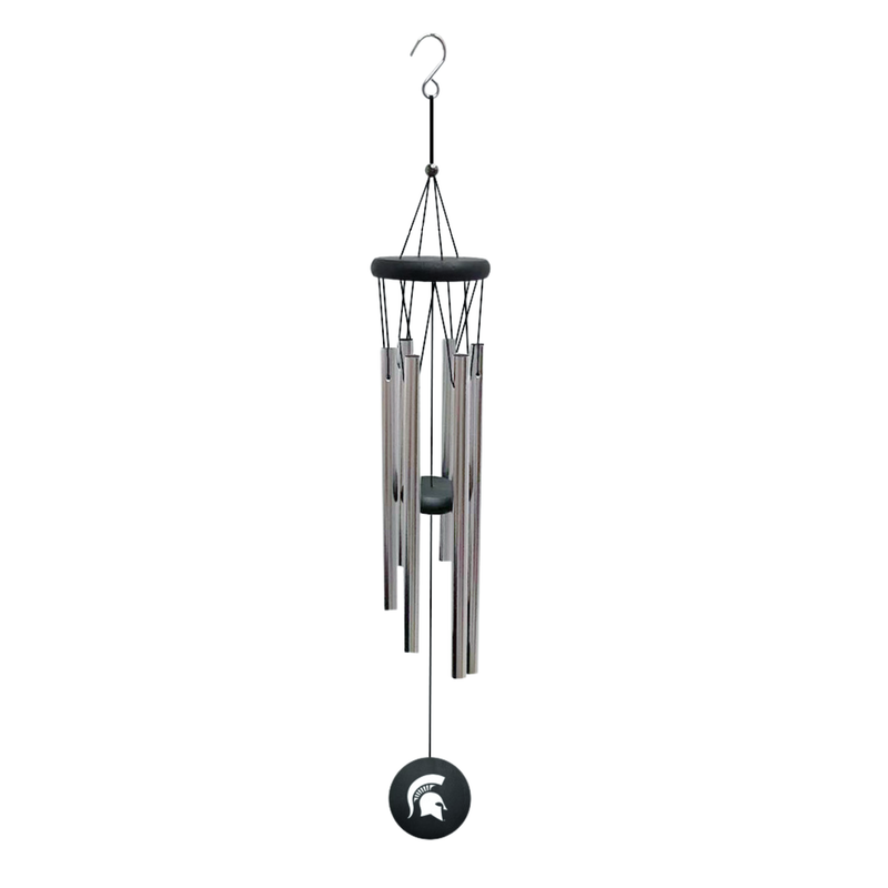Silver wind chimes with a suspended circle that features a Spartan helmet