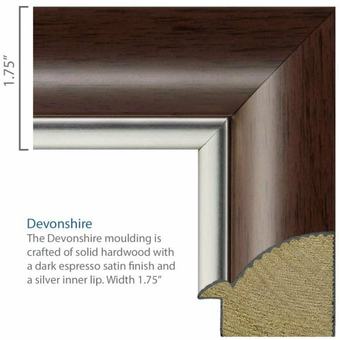 Close-up render of the 1.75" wide frame corner. Text reads "The Devonshire moulding is crafted of solid hardwood with a dark espresso satin finish and a silver inner lip." Frame has a quarter-circle shape