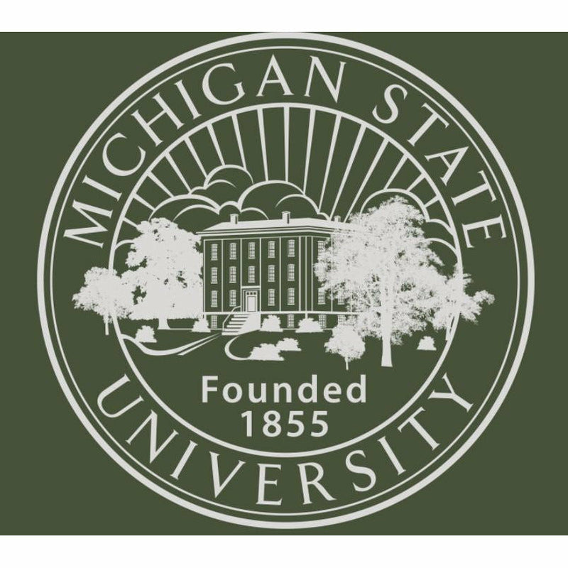Close-up render of the Michigan State University seal in silver on an army green background