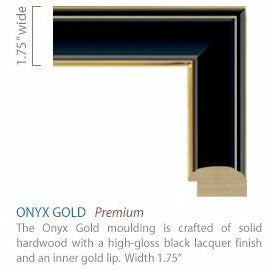 Close-up render of the 1.75" wide frame corner. Text reads "The Onyx Gold moulding is crafted of solid hardwood with a high-gloss black lacquer finish and an inner gold lip." Frame has a slight ridge from the interior lip, matched on the exterior