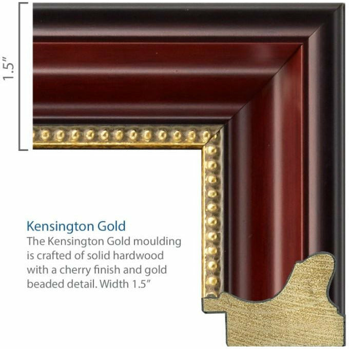 Close-up render of the 1.5" wide frame corner. Text reads "The Kensington Gold moulding is crafted of solid hardwood with a charry finish and gold beaded detail." Frame has a classic molding style groove