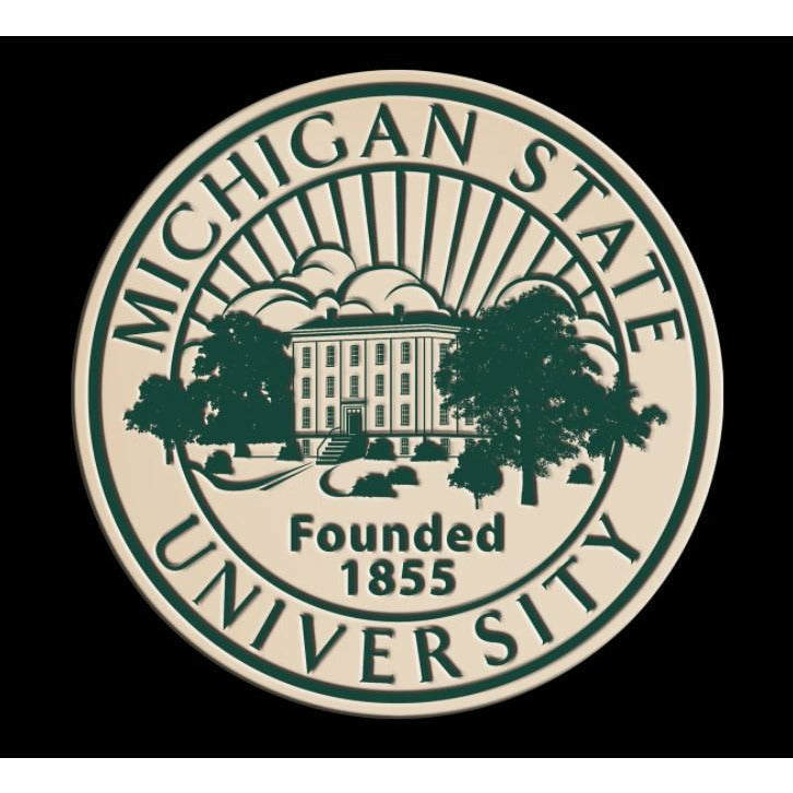 Close-up render of the Michigan State University seal in forest green with a cream circle behind, on an black background
