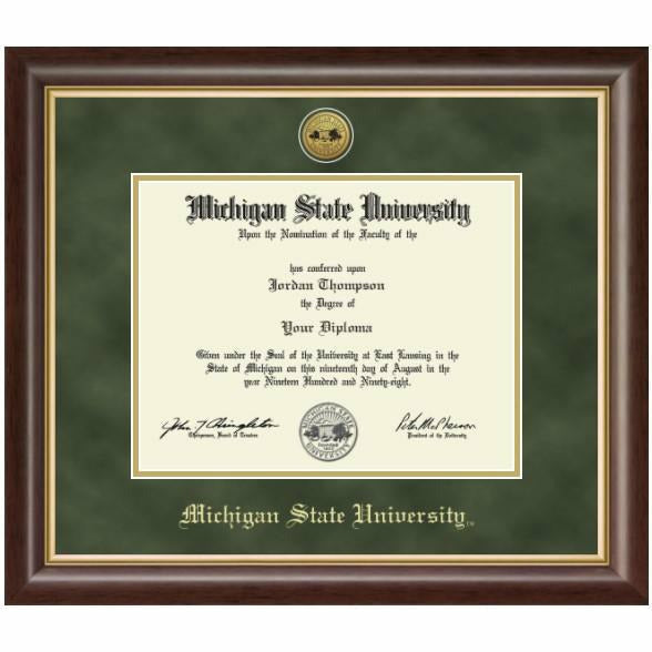 MSU diploma inside a thin strip of gold mat. Top army green mat is embossed with the university seal at the top and old English style font reading "Michigan State University" at the bottom, both in gold. Frame is a dark brown wood with gold trim inside