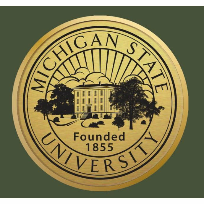 Close-up render of the Michigan State University seal in black with a gold circle behind, on an army green background